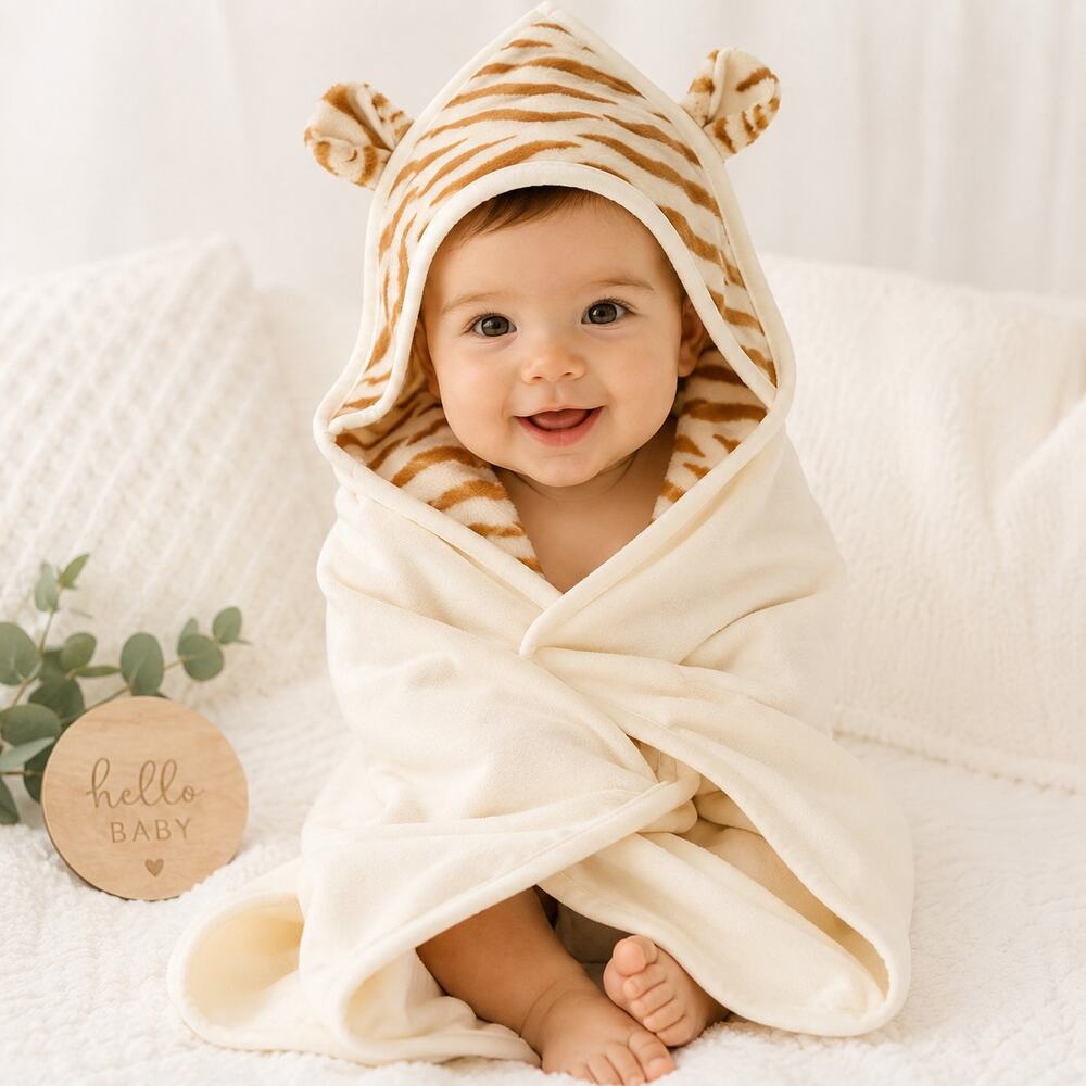 Babymio Jax Tiger Hooded Swaddle Blanket NWT Neutral Baby 35x35 Newborn Gift